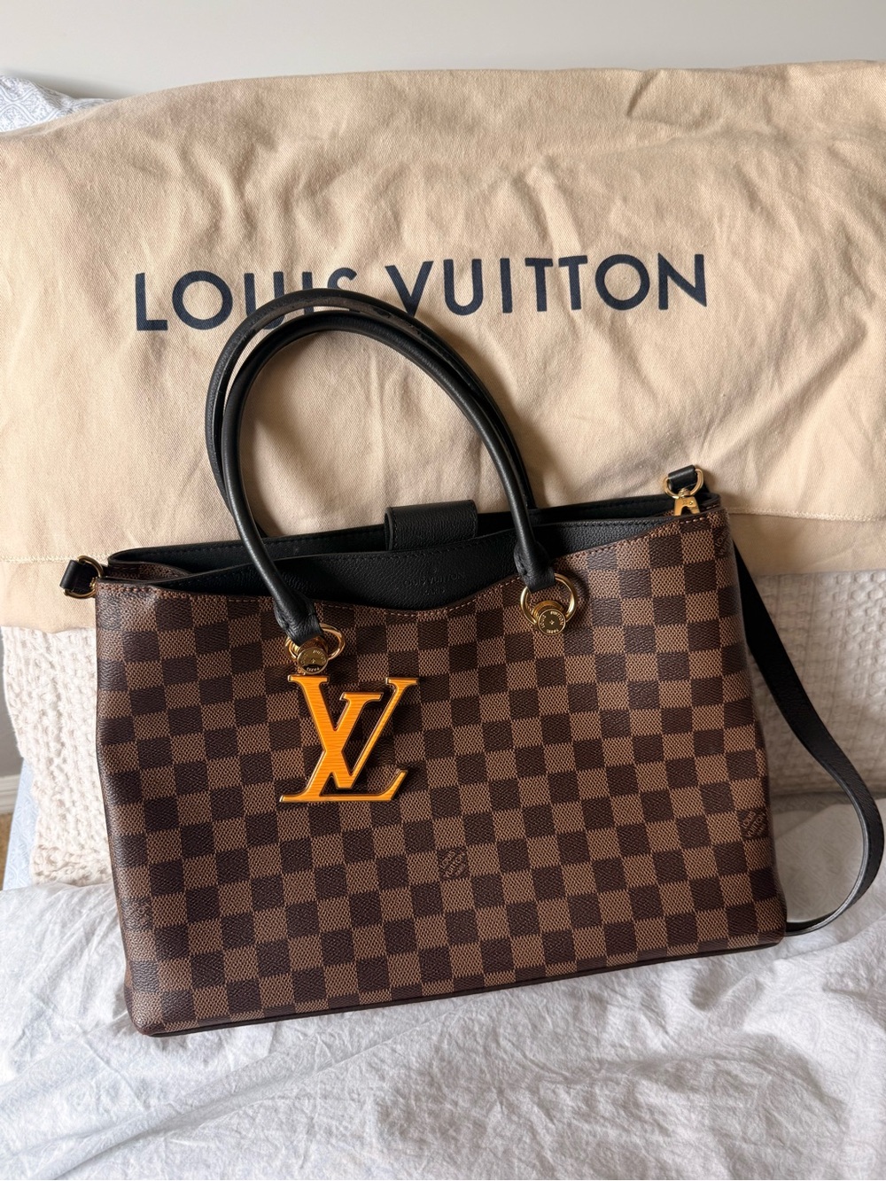 Louis Vuitton Riverside : Brown Damier Ebene Tote Bag with Black Trim